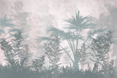 Tropik duvar kağıdı, tropik ağaçlar ve yapraklar, dijital baskı için duvar kağıdı tasarımı - 3D illüstrasyon