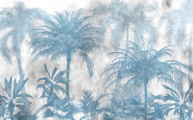 Tropik duvar kağıdı, tropik ağaçlar ve yapraklar, dijital baskı için duvar kağıdı tasarımı - 3D illüstrasyon