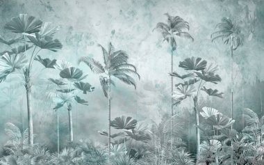 Tropik duvar kağıdı, tropik ağaçlar ve yapraklar, dijital baskı için duvar kağıdı tasarımı - 3D illüstrasyon