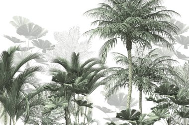 Tropik duvar kağıdı, tropik ağaçlar ve yapraklar, dijital baskı için duvar kağıdı tasarımı - 3D illüstrasyon