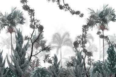 Tropik duvar kağıdı, tropik ağaçlar ve yapraklar, dijital baskı için duvar kağıdı tasarımı - 3D illüstrasyon