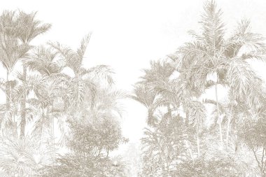 Tropik duvar kağıdı, tropik ağaçlar ve yapraklar, dijital baskı için duvar kağıdı tasarımı - 3D illüstrasyon