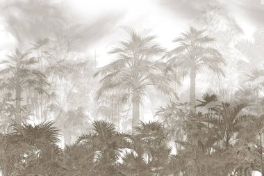 Tropik duvar kağıdı, tropik ağaçlar ve yapraklar, dijital baskı için duvar kağıdı tasarımı - 3D illüstrasyon