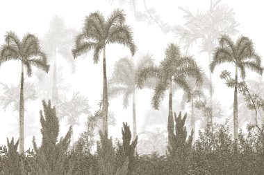 Tropik duvar kağıdı, tropik ağaçlar ve yapraklar, dijital baskı için duvar kağıdı tasarımı - 3D illüstrasyon