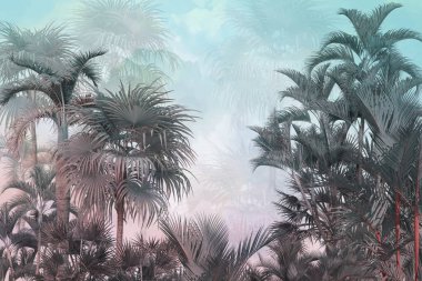 Tropik duvar kağıdı, tropik ağaçlar ve yapraklar, dijital baskı için duvar kağıdı tasarımı - 3D illüstrasyon