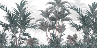 Tropik duvar kağıdı, tropik ağaçlar ve yapraklar, dijital baskı için duvar kağıdı tasarımı - 3D illüstrasyon