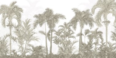 Tropik duvar kağıdı, tropik ağaçlar ve yapraklar, dijital baskı için duvar kağıdı tasarımı - 3D illüstrasyon