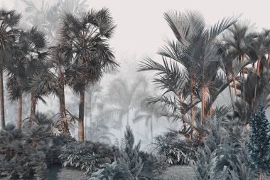 Tropik duvar kağıdı, tropik ağaçlar ve yapraklar, dijital baskı için duvar kağıdı tasarımı - 3D illüstrasyon