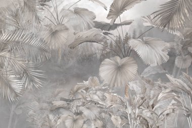 Tropik duvar kağıdı, tropik ağaçlar ve yapraklar, dijital baskı için duvar kağıdı tasarımı - 3D illüstrasyon