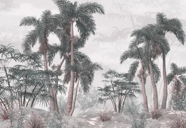 Bulutlu Bir Gökyüzünde Palmiye Yaprakları Olan Boyutlu Tropikal Ağaçlar — Stok fotoğraf