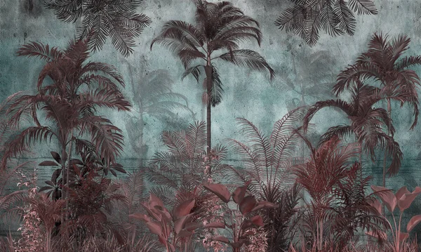 Papel Pintado Tropical Árboles Tropicales Hojas Diseño Papel Pintado Para — Foto de Stock