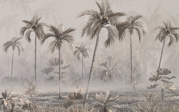 Tropical wallpaper, Tropic trees and leaves, wallpaper design for digital printing- 3d illustration