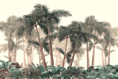 Tropik duvar kağıdı, tropik ağaçlar ve yapraklar, dijital baskı için duvar kağıdı tasarımı - 3D illüstrasyon