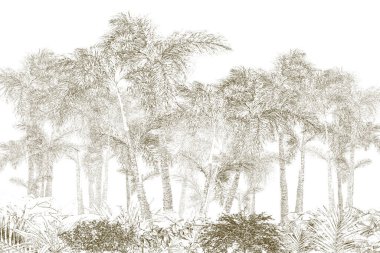 Tropik duvar kağıdı, tropik ağaçlar ve yapraklar, dijital baskı için duvar kağıdı tasarımı - 3D illüstrasyon