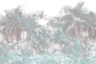 Tropik duvar kağıdı, tropik ağaçlar ve yapraklar, dijital baskı için duvar kağıdı tasarımı - 3D illüstrasyon