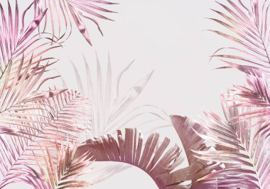 Tropik duvar kağıdı, tropik ağaçlar ve yapraklar, dijital baskı için duvar kağıdı tasarımı - 3D illüstrasyon