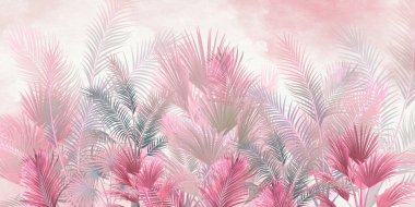 Tropik duvar kağıdı, tropik ağaçlar ve yapraklar, dijital baskı için duvar kağıdı tasarımı - 3D illüstrasyon