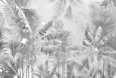 Tropik duvar kağıdı, tropik ağaçlar ve yapraklar, dijital baskı için duvar kağıdı tasarımı - 3D illüstrasyon