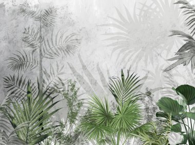 Tropik duvar kağıdı, tropik ağaçlar ve yapraklar, dijital baskı için duvar kağıdı tasarımı - 3D illüstrasyon