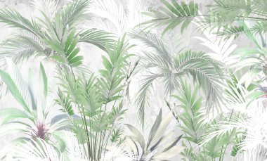 Tropik duvar kağıdı, tropik ağaçlar ve yapraklar, dijital baskı için duvar kağıdı tasarımı - 3D illüstrasyon