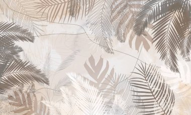 Tropik duvar kağıdı, tropik ağaçlar ve yapraklar, dijital baskı için duvar kağıdı tasarımı - 3D illüstrasyon