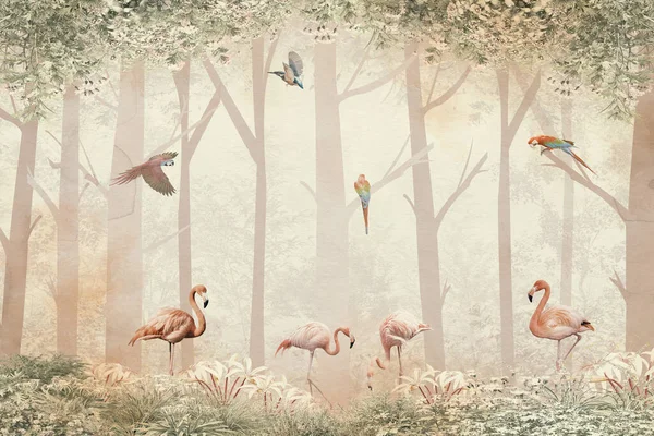水彩画 森林鸟类 花卉和树叶 — 图库照片