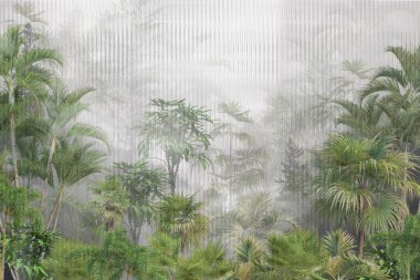 Tropik duvar kağıdı, tropik ağaçlar ve yapraklar, dijital baskı için duvar kağıdı tasarımı - 3D illüstrasyon