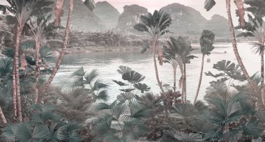 Tropik duvar kağıdı, tropik ağaçlar ve yapraklar, dijital baskı için duvar kağıdı tasarımı - 3D illüstrasyon