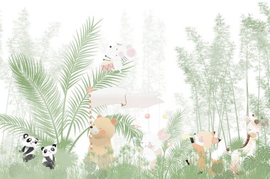 Sevimli hayvanlar, çocuk odası duvar kağıdı tasarımı, 3 boyutlu illüstrasyon.