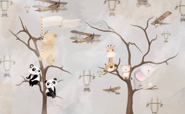 Sevimli hayvanlar, çocuk odası duvar kağıdı tasarımı, 3 boyutlu illüstrasyon.