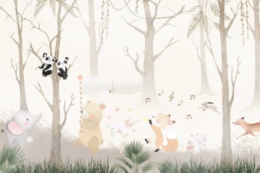 Sevimli hayvanlar, çocuk odası duvar kağıdı tasarımı, 3 boyutlu illüstrasyon.