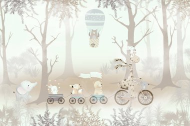 Sevimli hayvanlar, çocuk odası duvar kağıdı tasarımı, 3 boyutlu illüstrasyon.