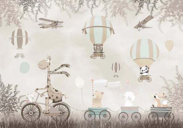 Sevimli hayvanlar, çocuk odası duvar kağıdı tasarımı, 3 boyutlu illüstrasyon.