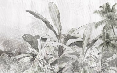 Tropik duvar kağıdı, tropik ağaçlar ve yapraklar, dijital baskı için duvar kağıdı tasarımı - 3D illüstrasyon