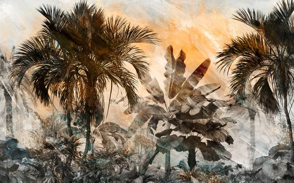 Tropical wallpaper, Tropic trees and leaves, wallpaper design for digital printing- 3d illustration