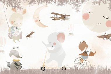 Sevimli hayvanlar Çocuk odası duvar kağıdı tasarımı - 3 boyutlu illüstrasyon