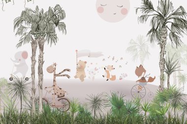 Sevimli hayvanlar Çocuk odası duvar kağıdı tasarımı - 3 boyutlu illüstrasyon