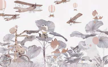 Sevimli hayvanlar Çocuk odası duvar kağıdı tasarımı - 3 boyutlu illüstrasyon