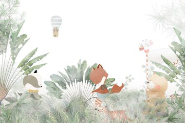 Sevimli hayvanlar Çocuk odası duvar kağıdı tasarımı - 3 boyutlu illüstrasyon