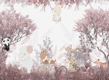 Sevimli hayvanlar Çocuk odası duvar kağıdı tasarımı - 3 boyutlu illüstrasyon