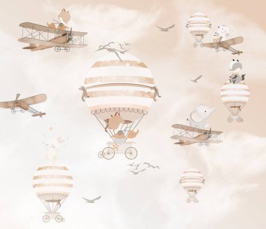 Sevimli hayvanlar Çocuk odası duvar kağıdı tasarımı - 3 boyutlu illüstrasyon