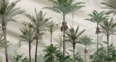 Tropik ağaçlar ve yapraklar duvar kağıdı tasarımı, yağlı boya etkisi