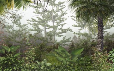 Tropik ağaçlar ve yapraklar duvar kağıdı tasarımı, yağlı boya etkisi