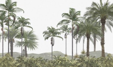 Tropik ağaçlar ve yapraklar duvar kağıdı tasarımı, yağlı boya etkisi