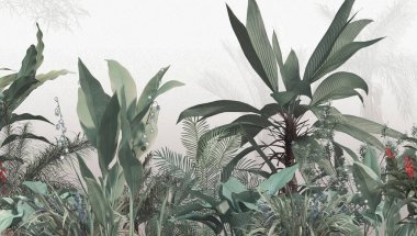 Tropik ağaçlar ve yapraklar duvar kağıdı tasarımı, yağlı boya etkisi