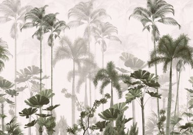 Tropik ağaçlar ve yapraklar duvar kağıdı tasarımı, yağlı boya etkisi