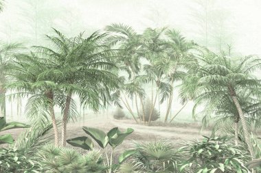 Tropik ağaçlar ve yapraklar duvar kağıdı tasarımı, yağlı boya etkisi