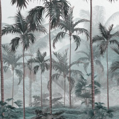 Tropik ağaçlar ve yapraklar duvar kağıdı tasarımı, yağlı boya etkisi