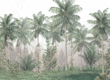 Tropik ağaçlar ve yapraklar duvar kağıdı tasarımı, yağlı boya etkisi