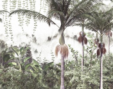 Tropik ağaçlar ve yapraklar duvar kağıdı tasarımı, yağlı boya etkisi